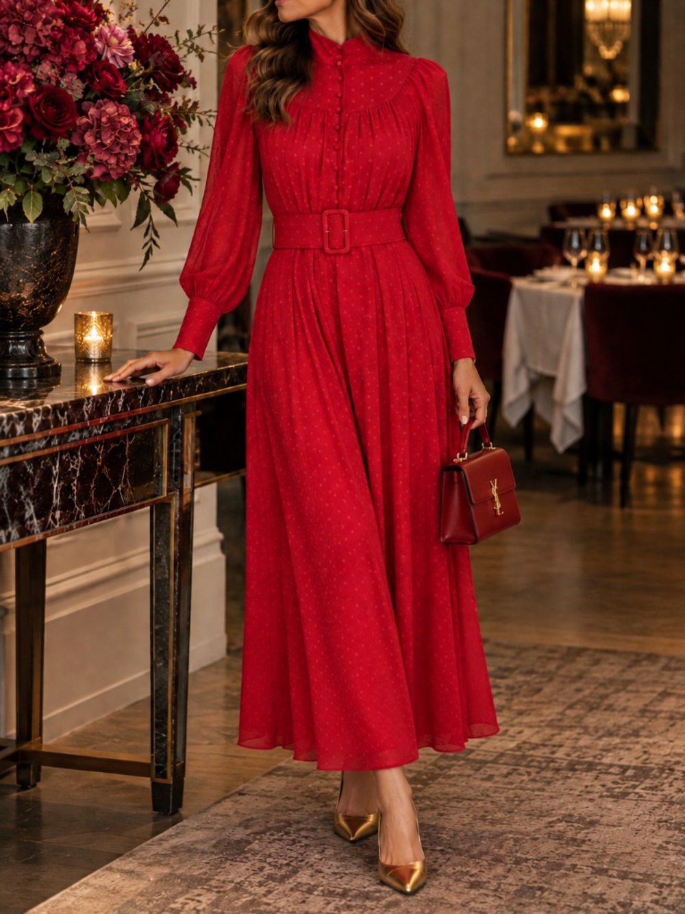 Rotate Birger Christensen Red Long-Sleeve Belted Maxi Dress